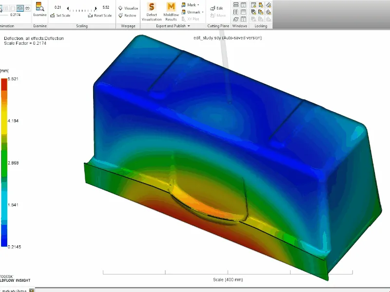 Moldflow deflection plot showing where a molded part will warp